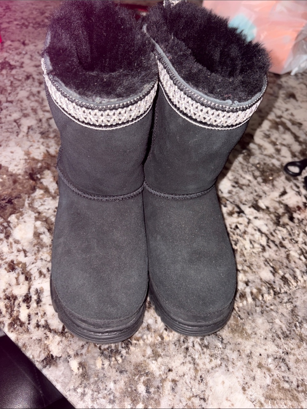 UGG Black Mid-Calf Faux Shearling Lined Boots with Decorative Trim